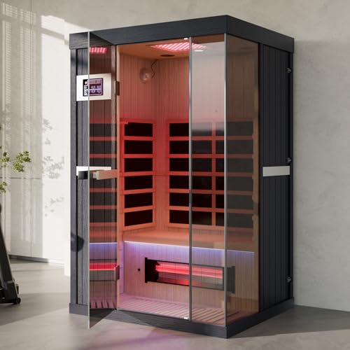 DAIMOT 2-Person Full Spectrum Infrared Sauna, 1990W 120V with 12"*12" Red Light Therapy, 2 Speakers, Indoor Dry Sauna for Home & Gym, Canadian Hemlock Wood