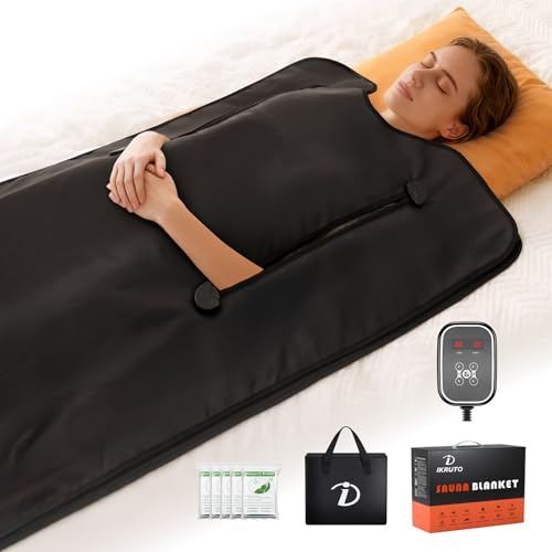 IKRUTO Infrared Sauna Blanket for Home - PU Portable Sauna Blanket for Detox & Relaxation 86℉-176℉ Adjustable, 60 Min Timer, Body Blanket with 5 pcs Detox Wrap & Portable Carring Bag at Home Sauna