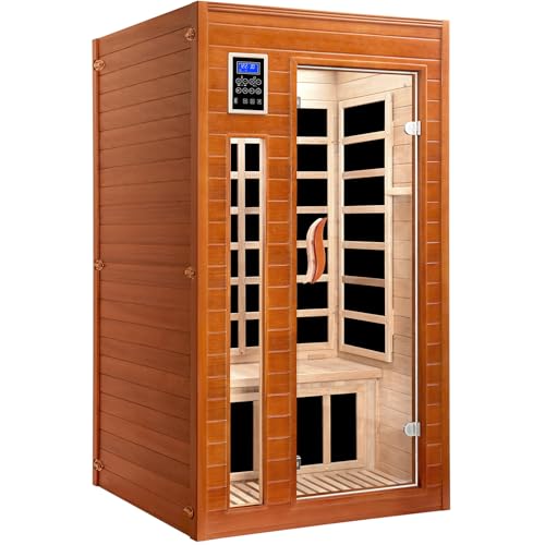 X-Vcak 1-2 Person Infrared Sauna, Dry Heat Sauna with Red Light Therapy, Bluetooth, Radio, 7-Color Therapy Light for Home, Indoor, Gym, Wellness Center, 40″ x 36″ x 73″, Brown