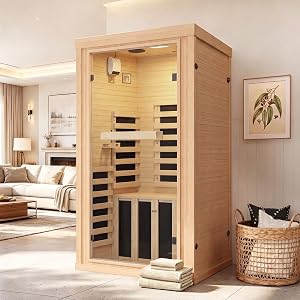 Aoxun Infrared Sauna for Home, 1 Person Indoor Dry Sauna Room, Hemlock, Chromotherapy Ligh