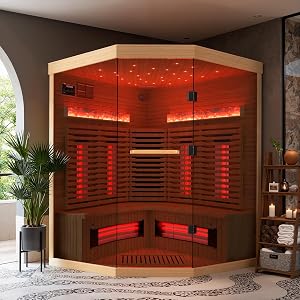 SWHSE 3-4 Person Corner Infrared Sauna- Luxury Home Sauna Spa Room with Himalayan Salt The
